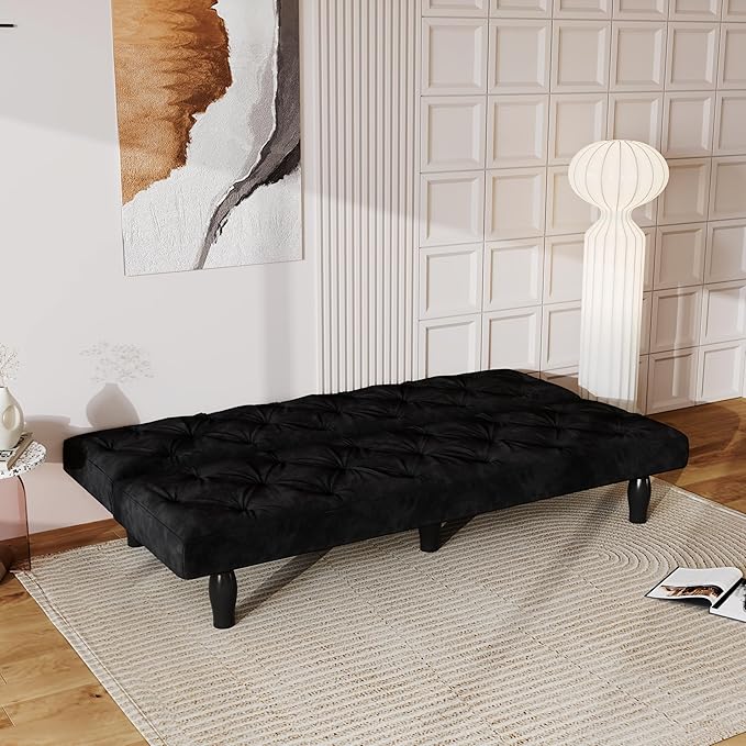 Modern Convertible Futon Sofa Bed Adjustable Loveseat Futon Couch with Metal Legs Upholstered Sofa Bed with Wood Frame Sleeper Couches for Small Compact RV Living RoomOffice (Black-Velvet)