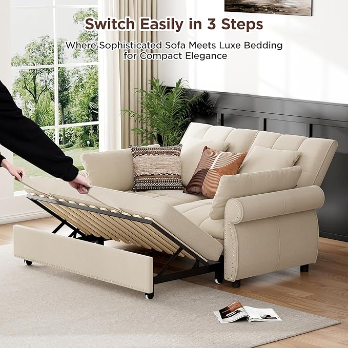 3 in 1 Sofa Bed 61 Inch Convertible Pull out Couch with Four Pillows Loveseat Sleeper Sofa with Adjustable Backrest Sofa Couches for Living Room Bedroom Apartment Chenille Fabric Beige