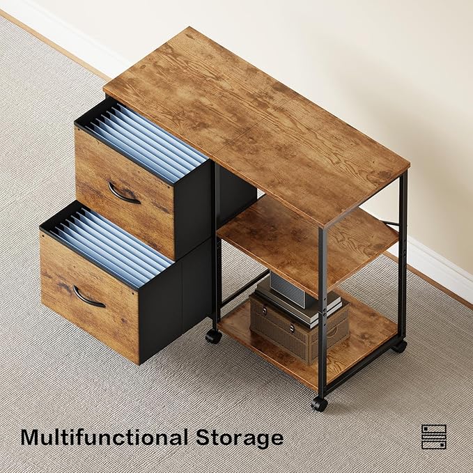 2-Drawer Fabric Lateral File Cabinet with Wheels Rolling Printer Stand with Open Storage Shelf for Home Office Rustic Brown
