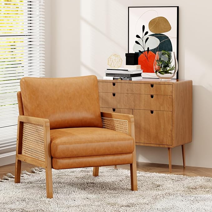 WENTMENT Faux Leather Accent Chair Armchair with Natural Rattan Armrest and Removable Backrest Upholstered Living Room Chair Comfy Single Sofa Chair for Reception Room/Hosting Room/Bedroom(Brown)