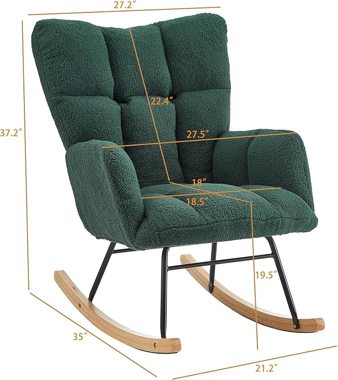 Setawix Upholstered Rocking Chair with Arms for NurseryTufted Rocker Glider ChairsTeddy Fabric Rocking ArmchairMid Century Modern Accent Chairs for Living RoomBedroom (Teddy Green 27.2)