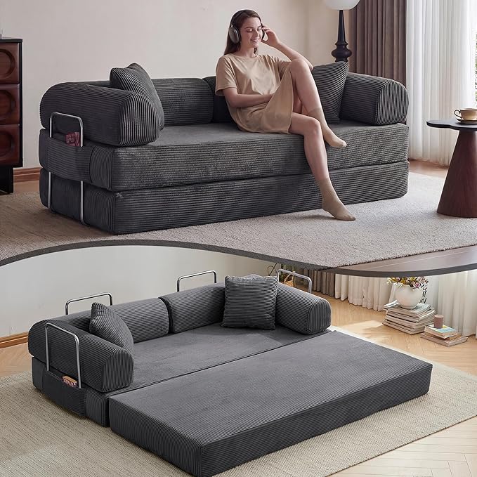 79 Convertible Sleeper Sofa Bed Modern Corduroy Floor Couch Bed with Fixed-Shape Frame Modular Sofa Couch with Pull Out Bed Boneless Loveseat Sleeper Couches for Living Room Grey