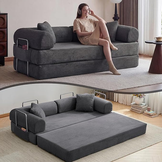 79 Convertible Sleeper Sofa Bed Modern Corduroy Floor Couch Bed with Fixed-Shape Frame Modular Sofa Couch with Pull Out Bed Boneless Loveseat Sleeper Couches for Living Room Grey