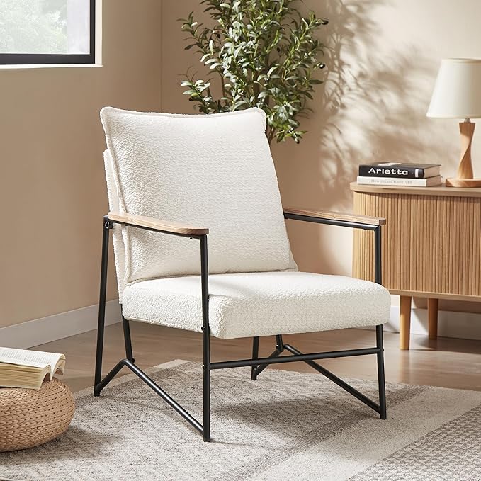 Art Leon Accent Chairs Set of 2 - Modern Boucle Fabric Armchairs with Wooden Armrests Upholstered Lounge Chairs with Metal Legs for Living Room Bedroom Reception Room White