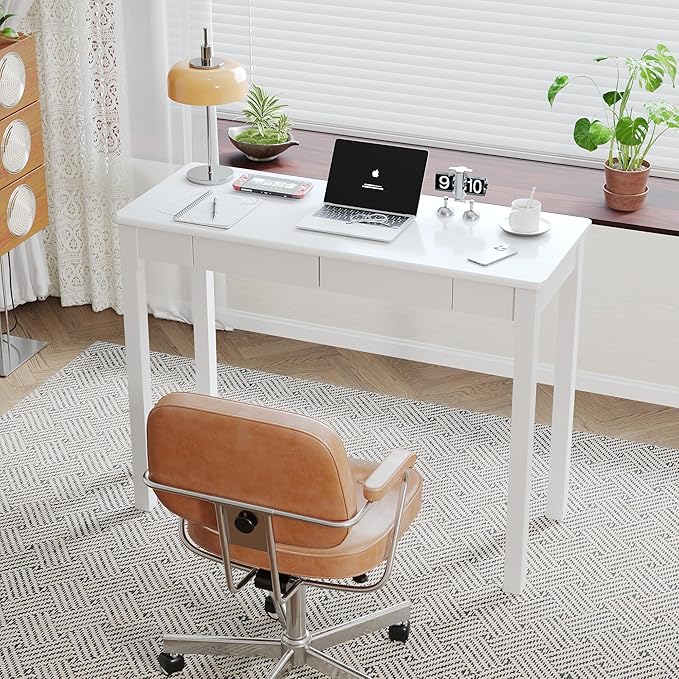 Solid Wooden Desk with Drawers - 39 x 16 Inch Modern Narrow Desks Rubberwood Simple Study Table Small Writing Desk for Bedroom|Small Spaces - White Desks