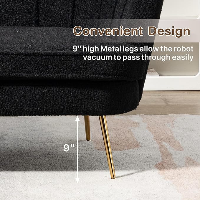 Mlmh &amp Kngwa Sherpa Boucle 2-Seater Sofa 59 Loveset Settee with Gold Metal Legs Comfy Upholstered Floral Mini Couch Sofa for Bedroom Living Room Apartment Black