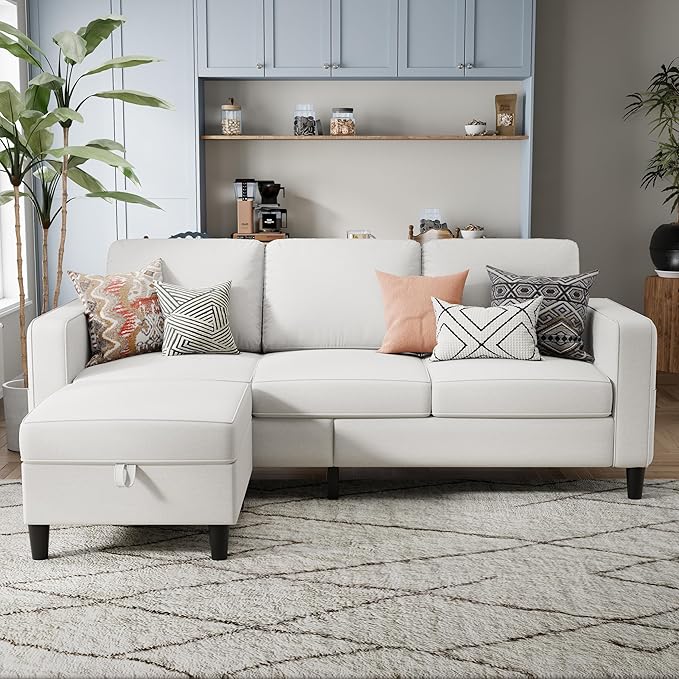 Sectional Sofa and Couches for Living Room 78'' Beige 3 Seat L-Shaped Couch with Movable Ottoman Comfy Linen Convertible Sectionals Sofas with Chaise for Apartment Dorm Small Space