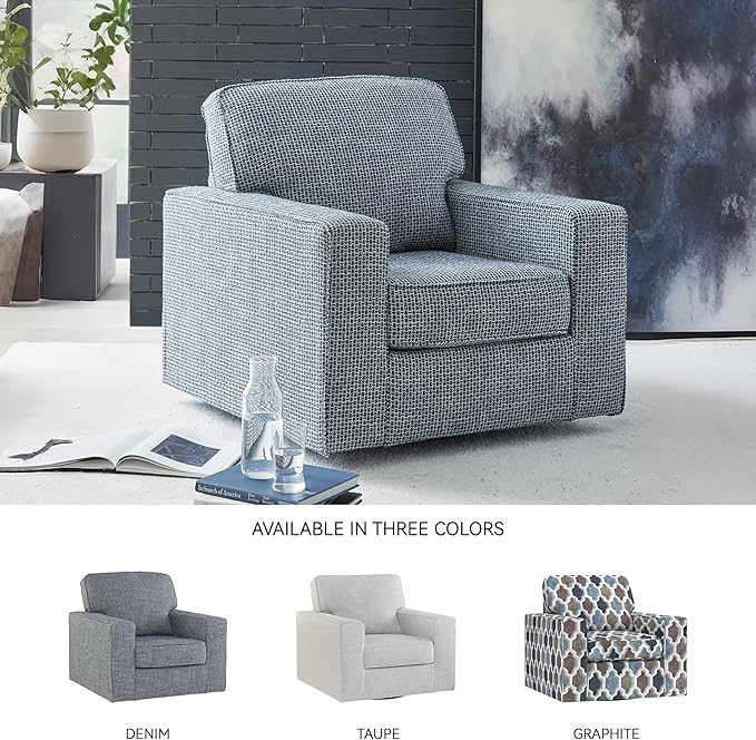 Signature Design by Ashley Olwenburg Casual Swivel Accent Chair with Track Arms Metal Swivel Base and Removable Cushions Blue