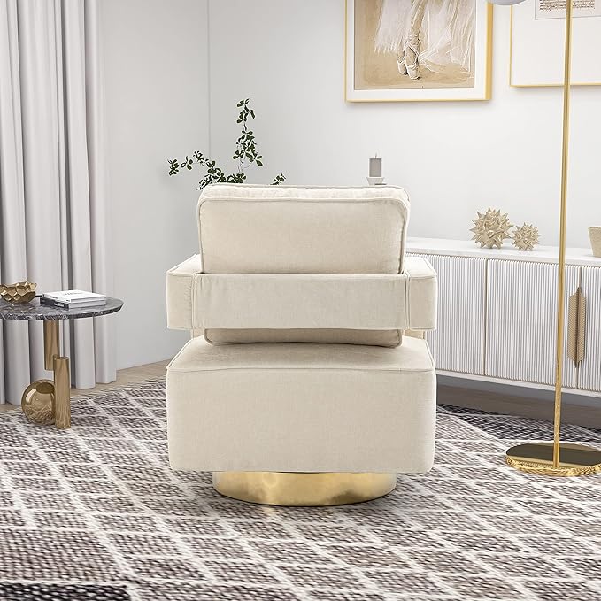 Betoko Swivel Accent Barrel ChairModern Open Back Armchair with Gold Metal BaseChenille Upholstered Club Chair with Pillow for Living Room (Beige)