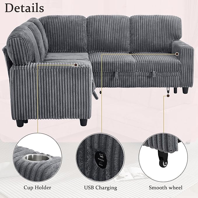 KEIKI 81 L-Shaped Oversized Corduroy Modular Sectional Sleeper Sofa with Pull-Out Bed Storage Seat Modern 5-Seater Upholstered Couch Bed with Charging Station Easy Assembly for Living Room Grey