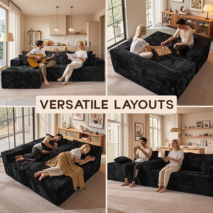 108 Boneless Cloud Couch Moudular Sectional Sofa with Deep Seat No Assembly Required Modern Minimalist Sofas with Chaise Comfy L Shaped Couches for Living Room Black