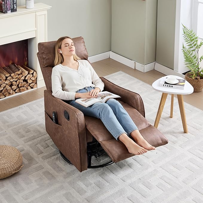 PELUMY 360 Swivel Rocking Recliner Chair for Adults Nursery Rocking Chair with Heat and Massage Glider Reclining Chair for Small Space Living Room Bedroom (Breathable Leather Brown)
