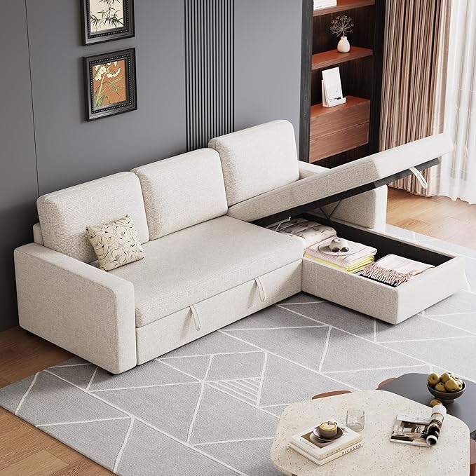 81 inch 3-seat Convertible L Shaped Sleeper Sofa Pull Out Sectional Couch with Storage Chaise &amp Removable Cushions Modern Furniture for Small Living Room Apartment Loft Beige