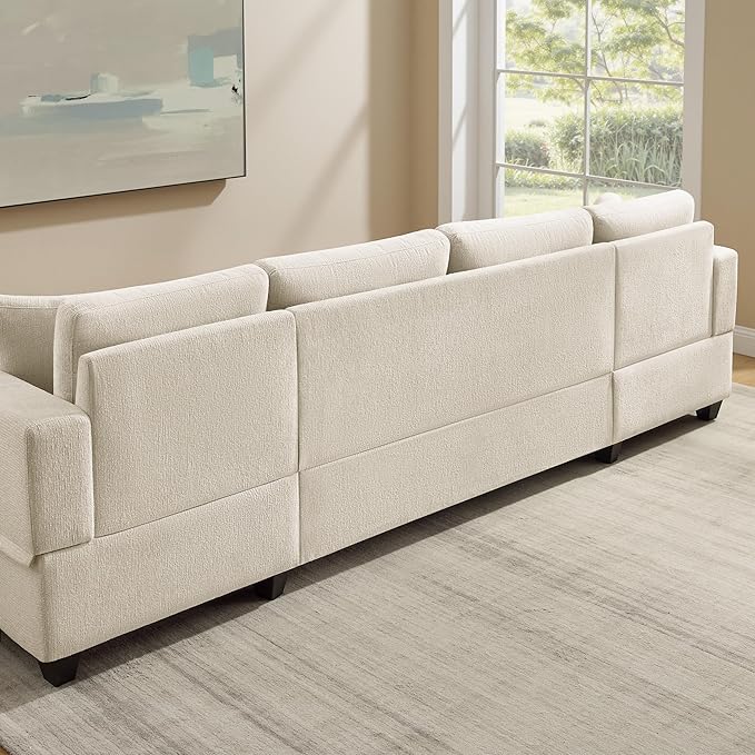 VANOMi U Shaped Sectional Sleeper Sofa with Pull Out Bed 113 Modular Sectional Sofa with Storage Chenille Couches for Living Room Apartment Office Beige | Large Storage Space with 2 Chaise with