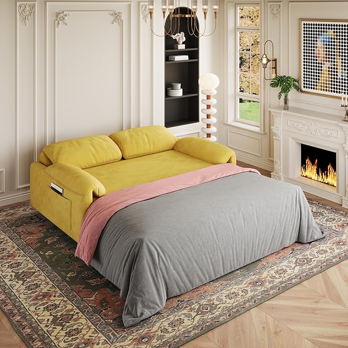 KEIKI Velvet 3 in 1 Convertible Full Sofa Bed with Pull-Out Sleeper Adjustable Backrest Side Pockets &amp Recliner Function Space-Saving Sofa for Small Rooms Yellow