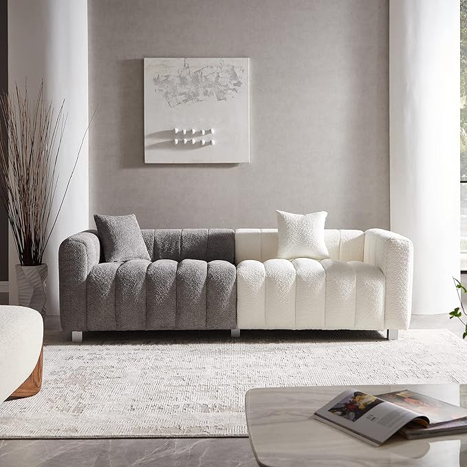 SZLIZCCC 87 Modern Upholstered Sofa Piano-Key Tufted Teddy Velvet Couch 3-Seater Comfortable Living Room &amp Office Sofa (Grey + White)