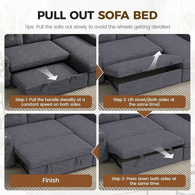 83'' Pull Out Sofa Bed 2 in 1 Convertible Sleeper Sofa Couch with Storage Chaise &amp USB Charging Comfy Linen Modular Couches for Living Room ApartmentDark Grey 1 PCS