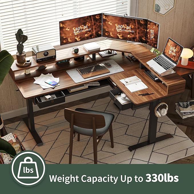 FEZIBO L Shaped Standing Desk with LED Strip &amp 2 Drawers Triple Motors Supports Over 300lbs Upper and Lower Storage Shelves Available Electric Height Adjustable for Home Office Black Walnut