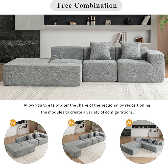 Merax 116.5 Minimalist Cloud Sectional Couch with L-Shape Chaise Gray Modern Modular Sofa with Deep Seat Convertible 4 Seat Sleeper Couches Set for Living Room No Assembly Required Grey
