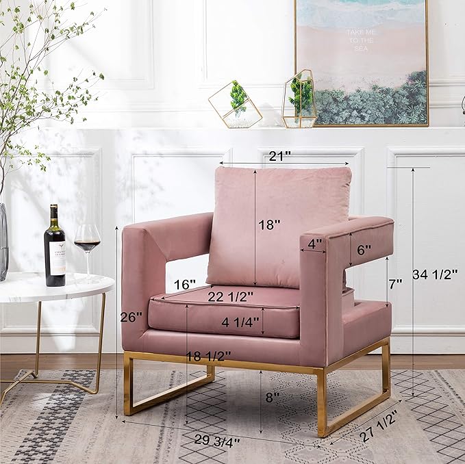 Roundhill Furniture Lenola Upholstered Accent Arm Chair Pink 27.5D x 29.75W x 34.5H in