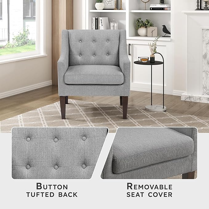 Lexicon Living Room Accent Chair Textured Fabric Upholstered Arm Chair with Button Tufted Back Sloped Arms and Wooden Legs Gray