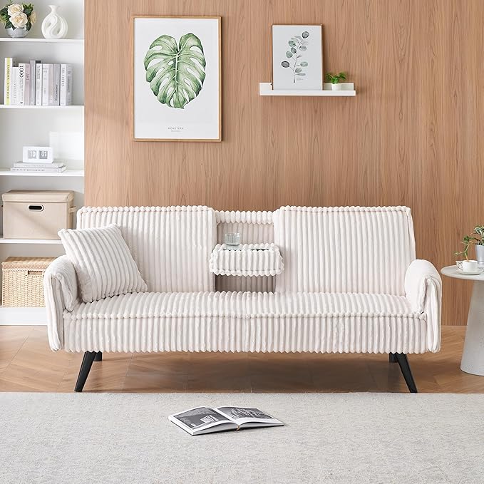 72'' Fabric Loveseat Sofa Comfy Corduroy Couch with 2 Embedded Teacup Holders 2 Seater Sofa with Adjustable Backrest Modern Small Convertible Futon Sofa Bed for Living Room Apartment (White)