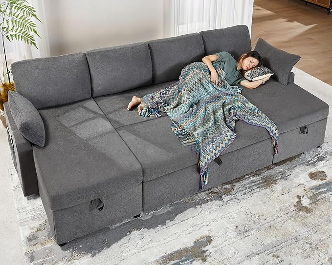VanAcc Sleeper Sofa 110 inch Oversize - 2 in 1 Pull Out Bed Sectional Sleeper Sofa with Double Storage Chaise for Living Room Grey Linen Couch