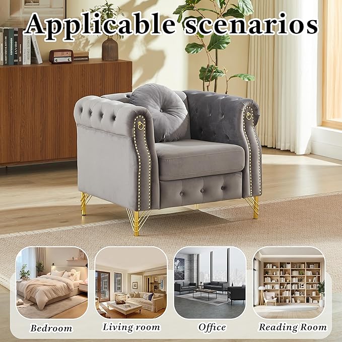 37 Velvet Chesterfield Single Sofa Sets with Two Pillows Featuring Copper Stud Detailing (Grey 37 Single Sofa)