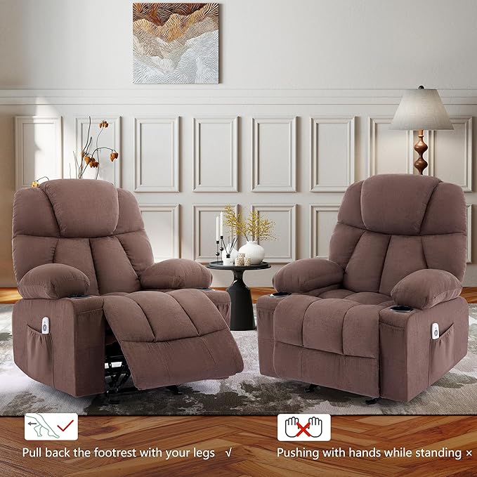 Manual Recliner Chair Rocker Recliner with Vibration Massage &amp Heat Ergonomic Reclining Fabric Living Room Chairs for Bedroom Nursery Single Sofa with 4 Pockets 2 Cup Holders Brown