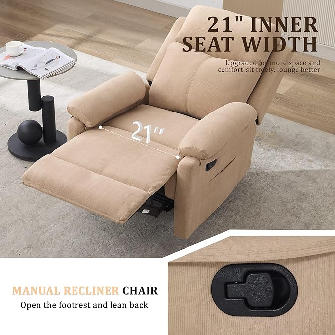 Recliner Chairs Small Recliners for Small Spaces Manual Recliner for Adults with Side Pockets Adjustable Overstuffed Comfy Corduroy Reclining Chair for Living Room Bedroom Reading Khaki