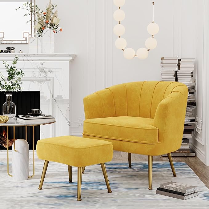 Andeworld Velvet Accent Chair with Ottoman Upholstered Modern Single Sofa Side ChairComfy Barrel Club Living Room Armchair with Golden Metal Legs for Bedroom Living Reading Room Office Yellow