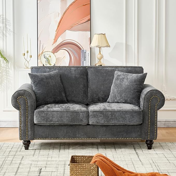TTK 63 Modern 2-Seater Sofa with Rolled Arms Chenille Upholstered Loveseat Couch with Sturdy Wood Legs and Elegant Nailhead Trim Comfortable Small Sofa for Living Room Bedroom or Apartment Gray