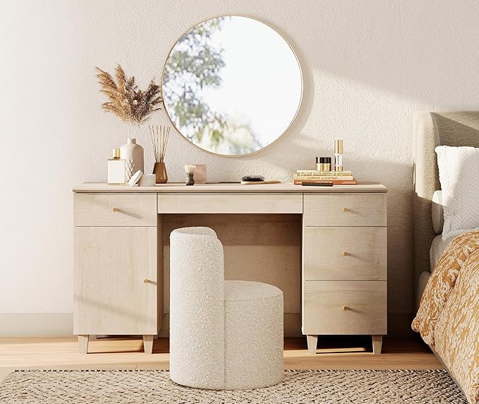 WAMPAT Desk with Drawers &amp Storage Cabinet 58 Inch Light Oak Wood Desk with Charging Station Modern Home Office Large Wooden Executive Computer Desk Vanity Desk for Bedroom