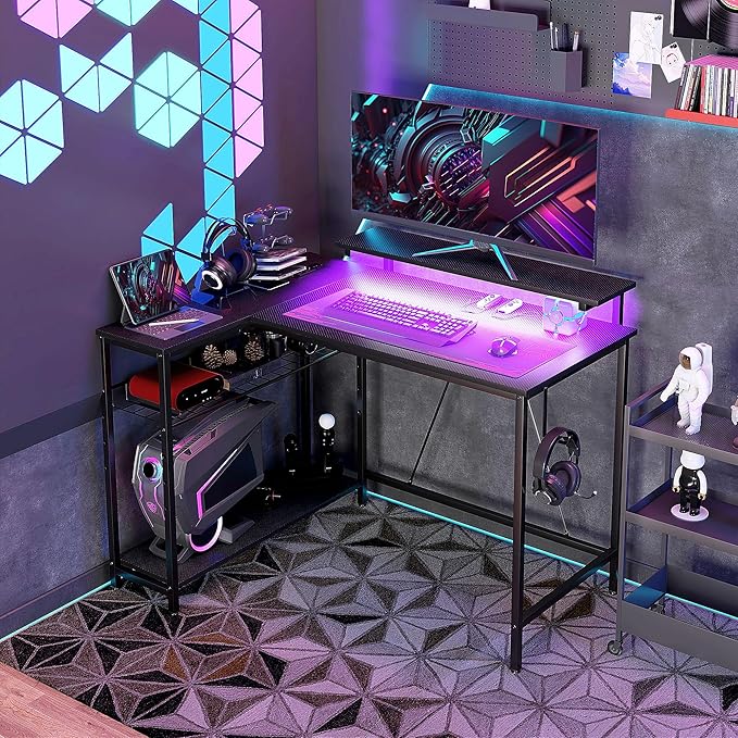 42 L Shaped Desk with LED Lights Power Outlet USB Charging Ports Reversible L Shaped Computer Desk with Storage Shelves Monitor Stand Corner Gaming Desk for Home Office Black