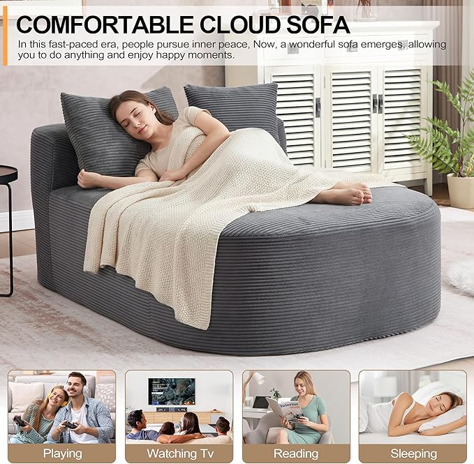 46 Chaise Lounge Chair Indoor Cloud Sleeper Sofa Bed with Pillows Corduroy Upholstered Sofa Couch for Living Room Apart No Assembly Required Gray