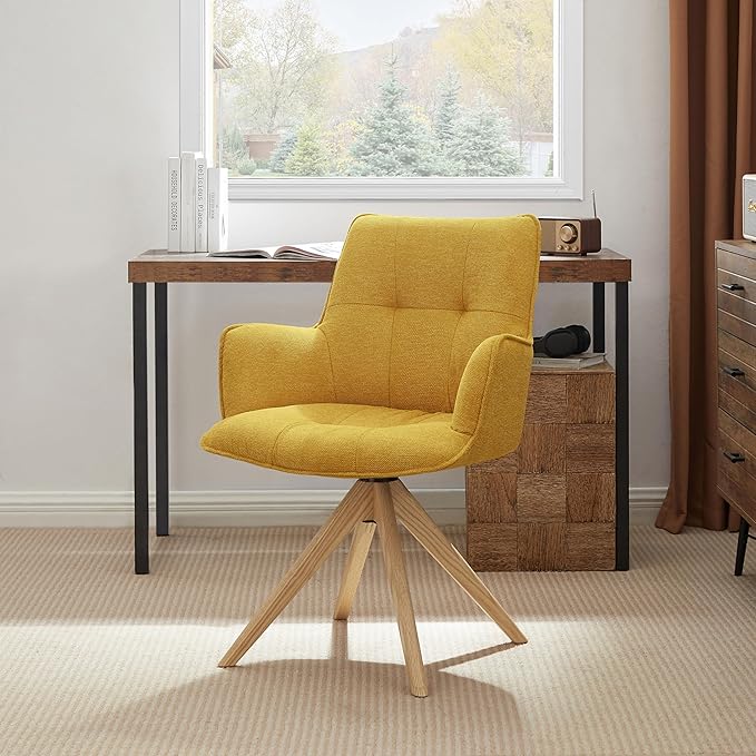 Art Leon Mid Century Modern Desk Chair - Fabric Upholstered Office Chair No Wheels Swivel Armchair with Oak Wood Legs for Small Space Living Room Bedroom Set of 2 Yellow