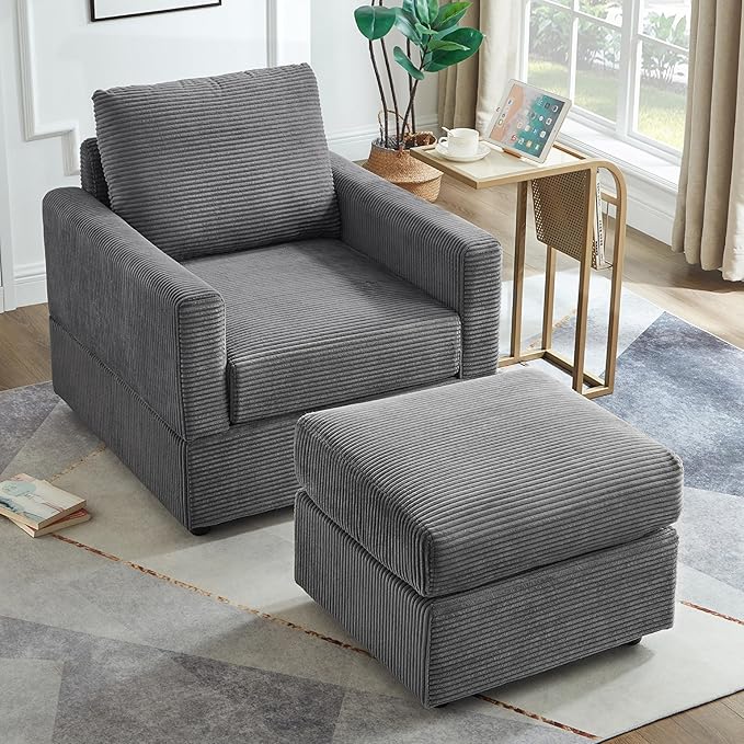 Aoiy &amp Wifon Accent Chair with Ottoman Upholstered Reading Chair with Ottoman Comfy Armchair with Wooden Legs Corduroy Grey