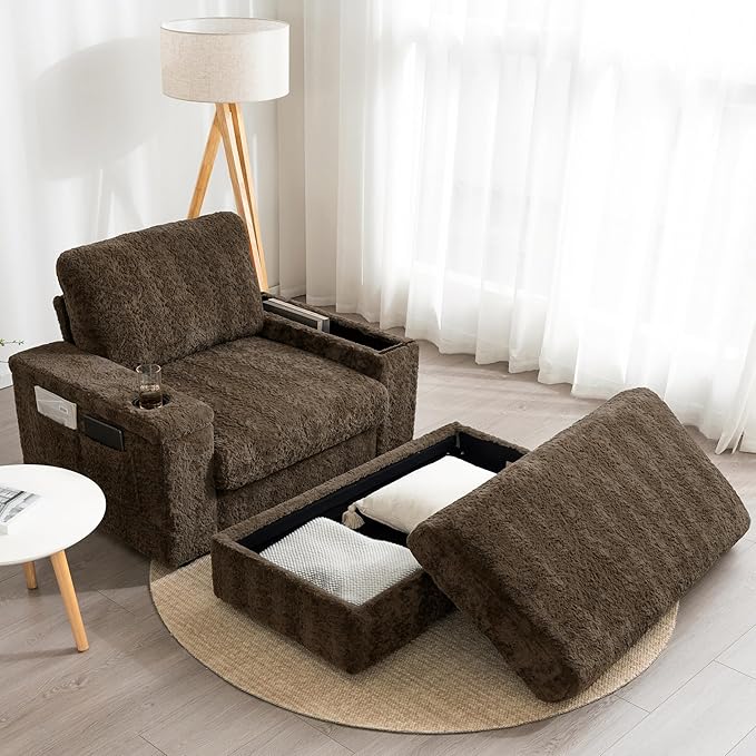 Furniliving 42‘’ Oversized Chair with Storage Ottoman Luxury Faux Rabbit Fur Single Sofa Couch with Cup Holder and Side Pockets Upholstered Chaise Lounge for Living Room Apartment Brown