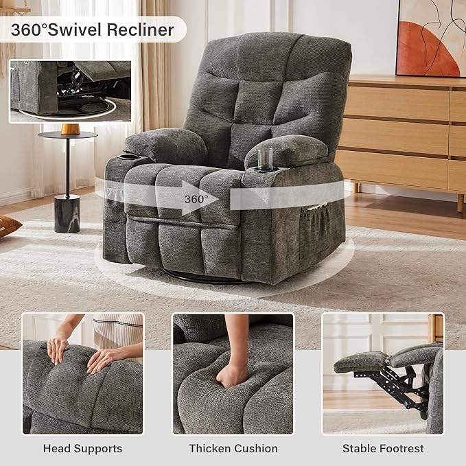 Manual 360°Swivel Rocker Recliner Chair Set of 2Single Recliner Seat with Cup HoldersRecliner Chairs for Adults Upholstered Fabric Lazy Boy Recliner for BedroomLiving RoomGrey