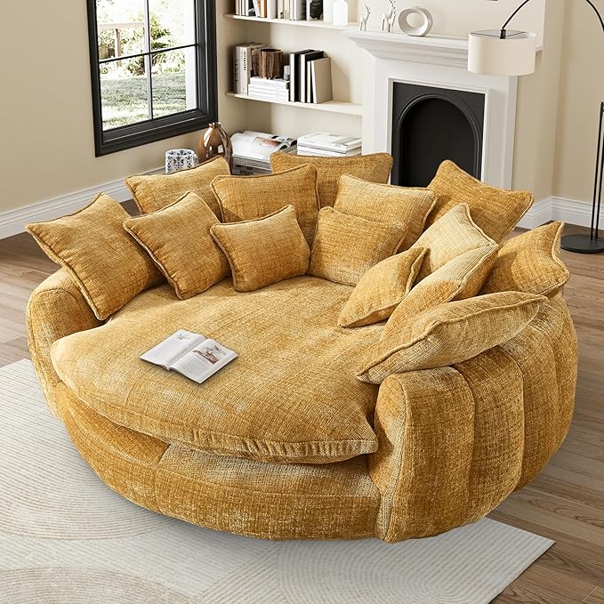81 Round Sofa Bed Big Bean Bag Round Chaise Lounge Oversized Round Couch Boneless Reading Chair Plush Fluffy Chenille Large Chaise Chair for Living Room Bedroom Apartment Yellow