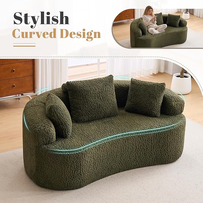 Premium Curved Loveseat Sofa Full-Compression 2-Seat Couch with Enhanced Back Support Modern Fabric Loveseat with Pillows Compact Luxury Sofa for Living Room or Apartment (Green)