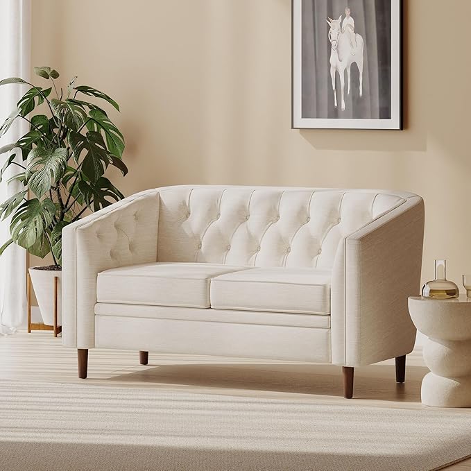 Beige Loveseat Sofa Tufted Fabric 2-Seater Curved Tub Design with Button Detailing and Birch Wood Legs Contemporary Living Room Lounge Chair