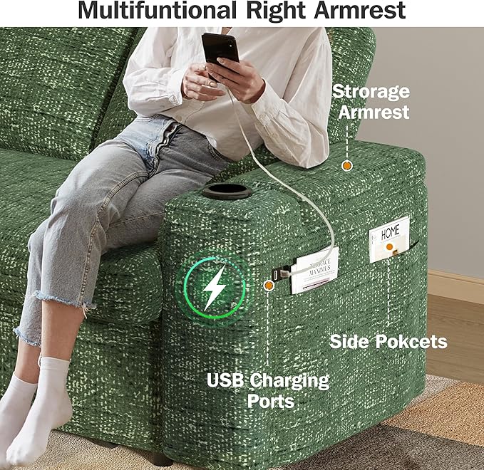 Vipbear 65 Loveseat Sleeper Sofa with Pull Out Bed Chenille 3-in-1 Convertible Sofa Bed with Reclining Backrest|USB Ports|Cup Holders|Side Table|Storage Armrests Tool Free Assembly Green