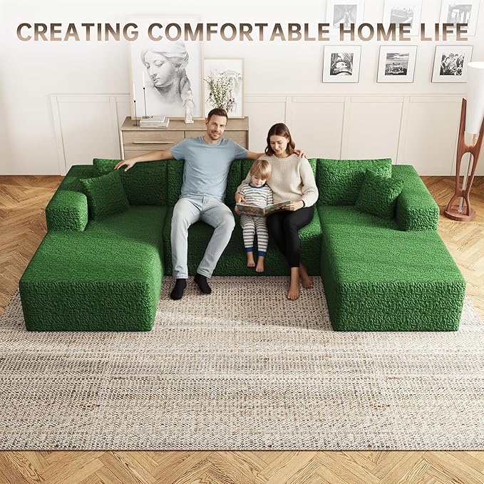 140 U-Shaped Modular Sectional Sofa for Living Room3 Seater Cloud Sectional Couch with Chaise LoungeDeep Seat with PillowsNo Assembly Required (Green)