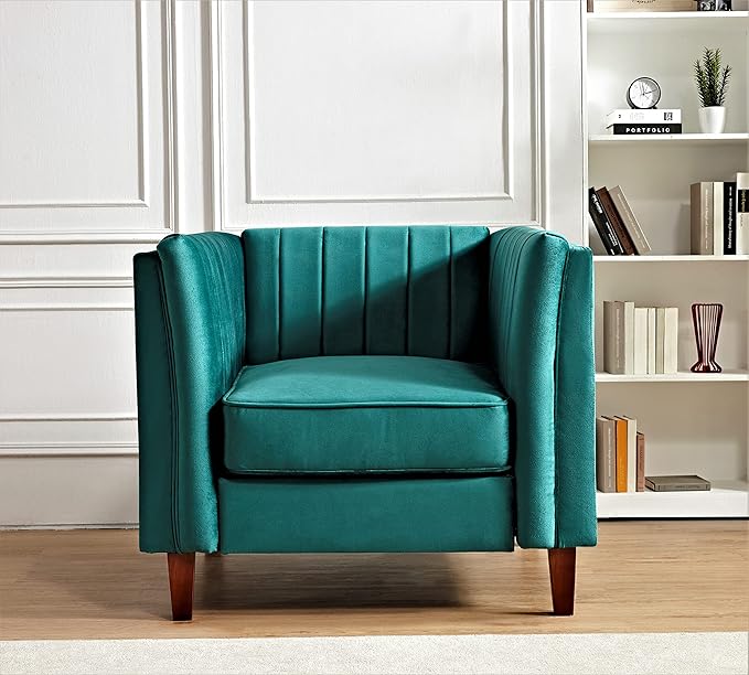 Container Furniture Modern Luxury Velvet Chair for Living Room with High Density Foam Soft Fabric Upholstery Removable Cushions and Solid Wood Legs 36.6'' Wide Armchair Green