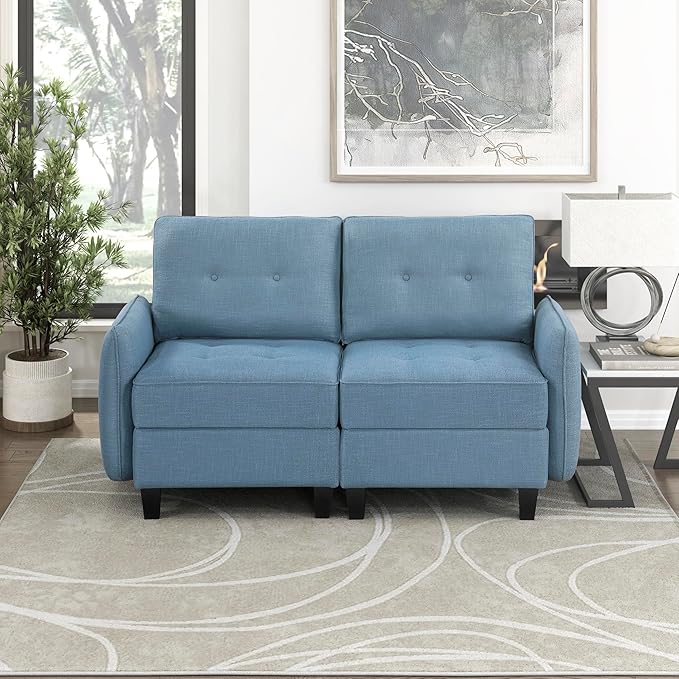 Lexicon Modern Loveseat with Hidden Storage Textured Fabric Modular Love Seat with Button-Tufted Design Reversible Back Cushion for Living Room/Bedroom/Office Blue