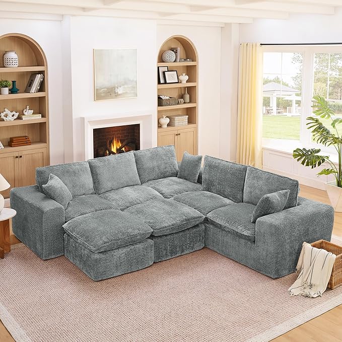 L-Shaped Boneless Modular Sectional Cloud Couches 7 Seat Modular Boucle Floor Foam Boneless Sofa Couch with Ottomans Headrest Pillows and Removable Cushions