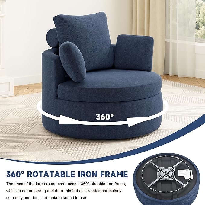 39.8” Swivel Accent Barrel Chair with Storage Oversized Round Chairs with Half Moon Ottoman Swivel Barrel Chaise Lounge Indoor with Neck Support Pillow Barrel Chairs for Living Room Dark Blue