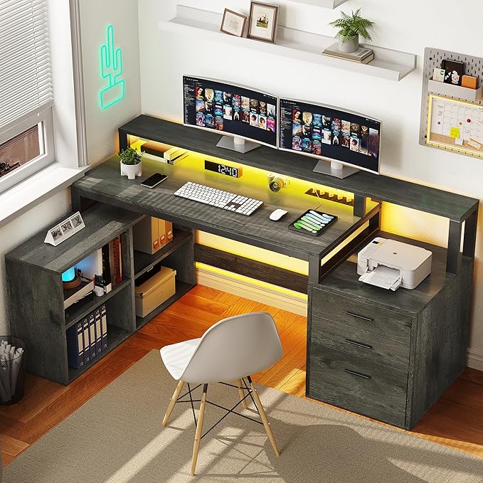 DWVO L Shaped Desk with Drawers 65 Computer Desk with Power Outlets &amp LED Lights Corner Home Office Desk with Storage Shelves &amp Printer Stand Grey