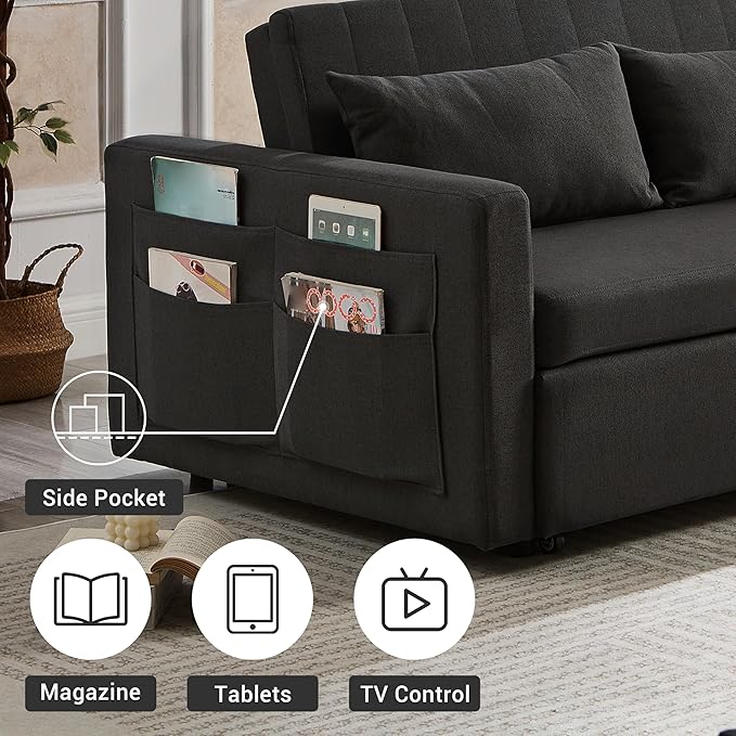 55.5 Fabric Convertible Sofa Bed Pull Out Sleeper Sofa Bed Loveseat Couch with Side Pocket 3 in 1 Convertible Sleeper Sofa Bed for Living Room Apartment Bedroom RV Black